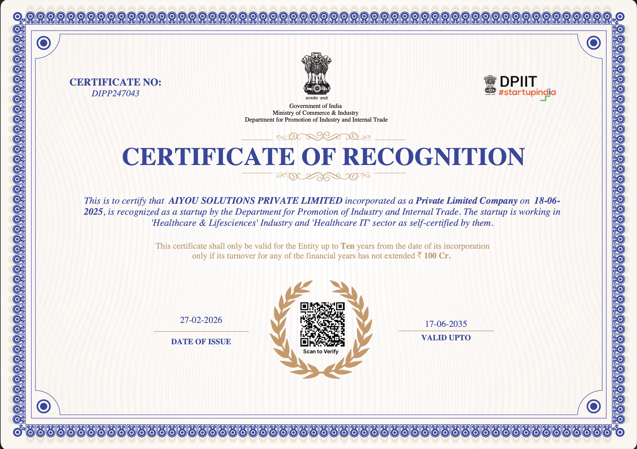 DPIIT Certificate of Recognition — AIYOU Solutions, DIPP247043