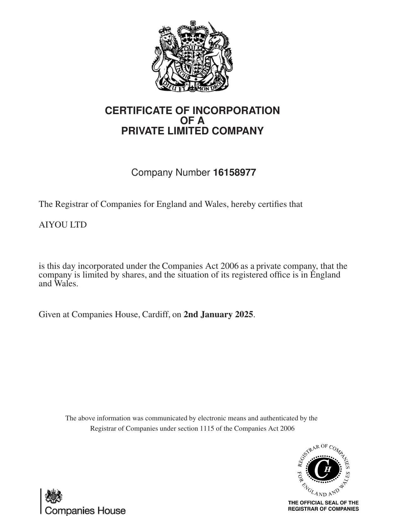 UK Certificate of Incorporation – AIYOU LTD